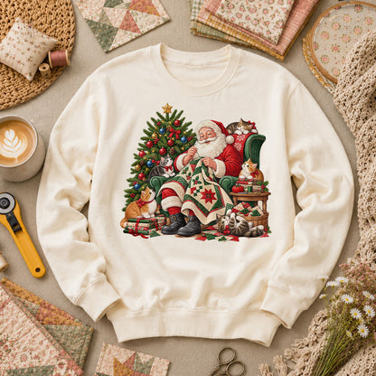 Santa Quilter Sewing With Kittens By Christmas Tree Long Sleeve - Natural
