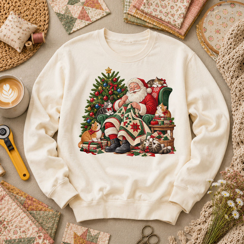 Santa Quilter Sewing With Kittens By Christmas Tree Long Sleeve - Natural