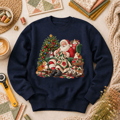 Santa Quilter Sewing With Kittens By Christmas Tree Long Sleeve - Navy