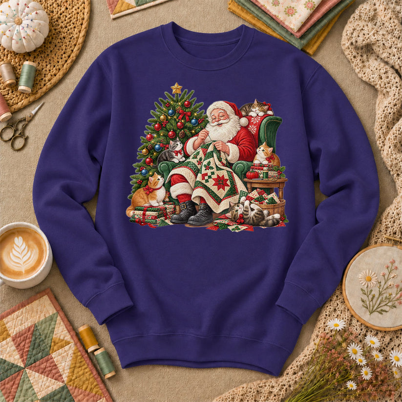 Santa Quilter Sewing With Kittens By Christmas Tree Long Sleeve - Purple