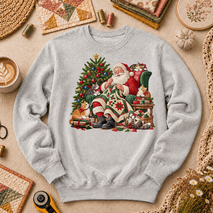 Santa Quilter Sewing With Kittens By Christmas Tree Long Sleeve - Sport Grey