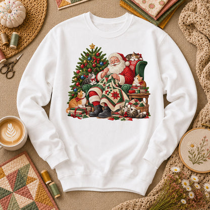 Santa Quilter Sewing With Kittens By Christmas Tree Long Sleeve - White