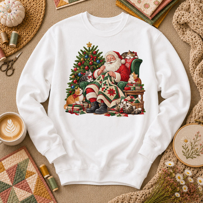 Santa Quilter Sewing With Kittens By Christmas Tree Long Sleeve - White