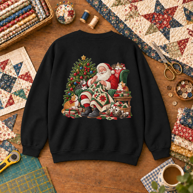 Santa Quilter Sewing With Kittens By Christmas Tree Sweatshirt - Black