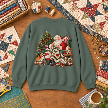 Santa Quilter Sewing With Kittens By Christmas Tree Sweatshirt - Forest Green