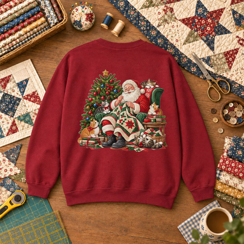 Santa Quilter Sewing With Kittens By Christmas Tree Sweatshirt - Garnet