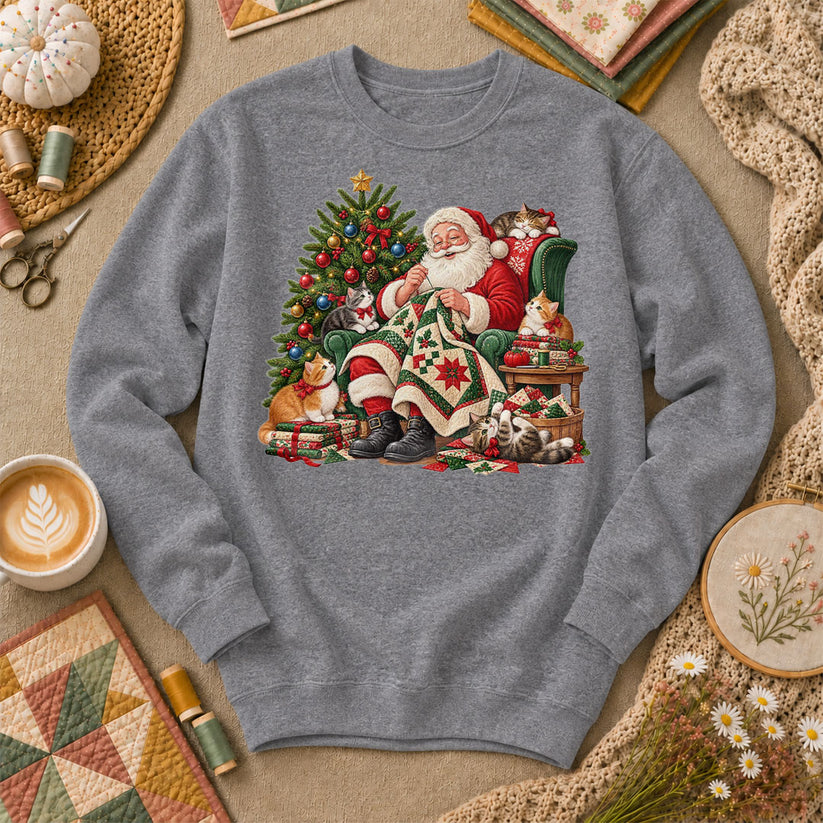 Santa Quilter Sewing With Kittens By Christmas Tree Sweatshirt - Graphite Heather