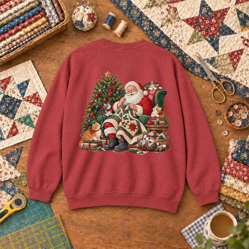 Santa Quilter Sewing With Kittens By Christmas Tree Sweatshirt - Heather Red