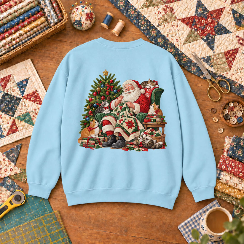 Santa Quilter Sewing With Kittens By Christmas Tree Sweatshirt - Light Blue