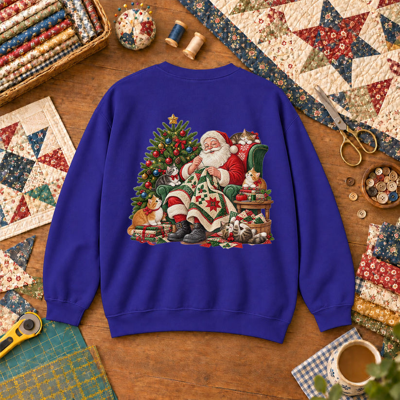 Santa Quilter Sewing With Kittens By Christmas Tree Sweatshirt - Royal