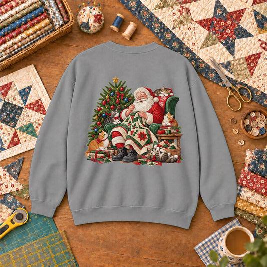 Santa Quilter Sewing With Kittens By Christmas Tree Sweatshirt - Sport Grey