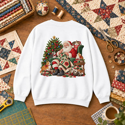 Santa Quilter Sewing With Kittens By Christmas Tree Sweatshirt - White