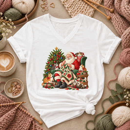 Santa Quilter Sewing With Kittens By Christmas Tree Women's V-Neck - White