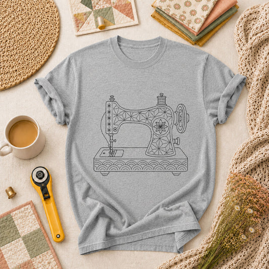 Sashiko Vintage Sewing Machine Line Art T-Shirt - Athletic Heather