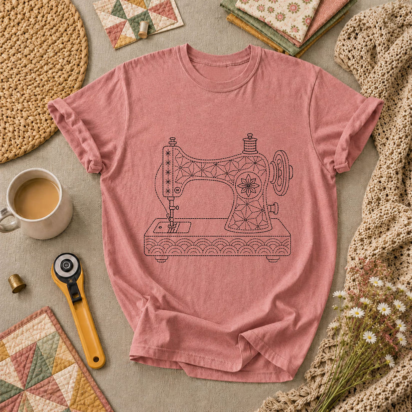 Sashiko Vintage Sewing Machine Line Art T-Shirt - Heather Mauve