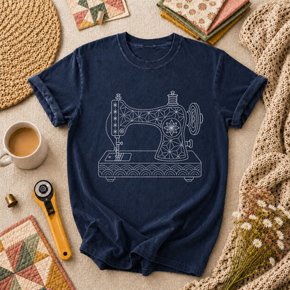 Sashiko Vintage Sewing Machine Line Art T-Shirt - Navy