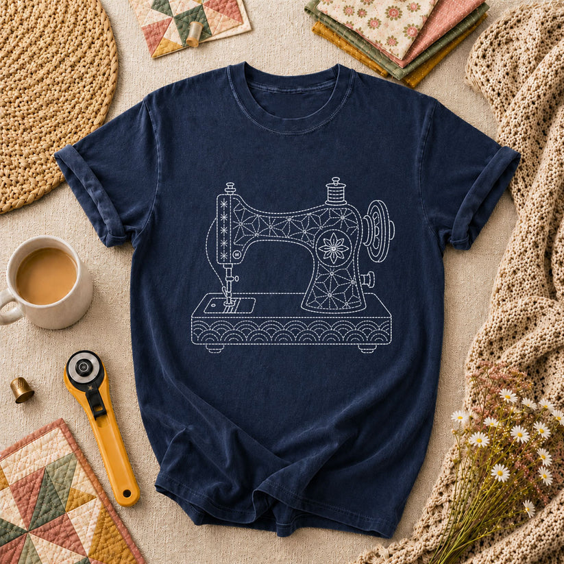 Sashiko Vintage Sewing Machine Line Art T-Shirt - Navy