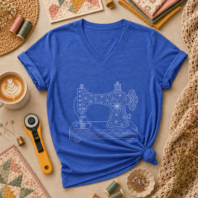 Sashiko Vintage Sewing Machine Line Art Women's V-Neck - Heather True Royal