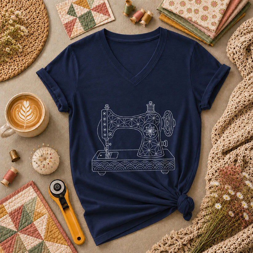 Sashiko Vintage Sewing Machine Line Art Women's V-Neck - Navy