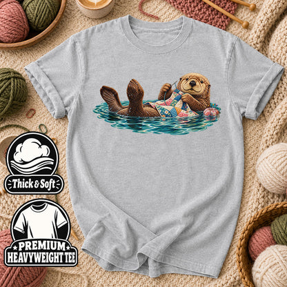 Sea Otter Floating And Quilting T-Shirt - Athletic Heather