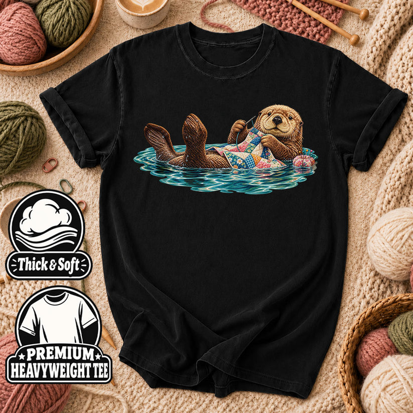 Sea Otter Floating And Quilting T-Shirt - Black