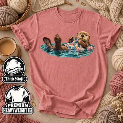 Sea Otter Floating And Quilting T-Shirt - Heather Mauve