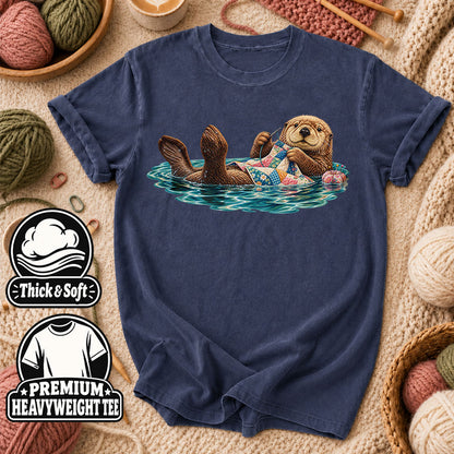 Sea Otter Floating And Quilting T-Shirt - Heather Navy
