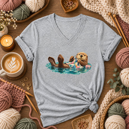 Sea Otter Floating And Quilting Women's V-Neck - Athletic Heather