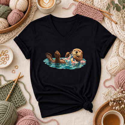 Sea Otter Floating And Quilting Women's V-Neck - Black