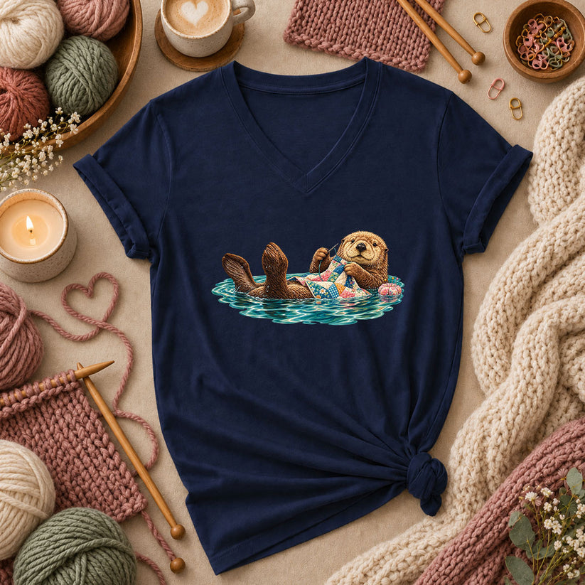 Sea Otter Floating And Quilting Women's V-Neck - Navy