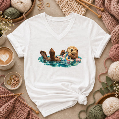 Sea Otter Floating And Quilting Women's V-Neck - White