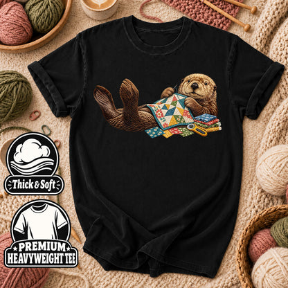Sea Otter Quilting Patchwork T-Shirt - Black