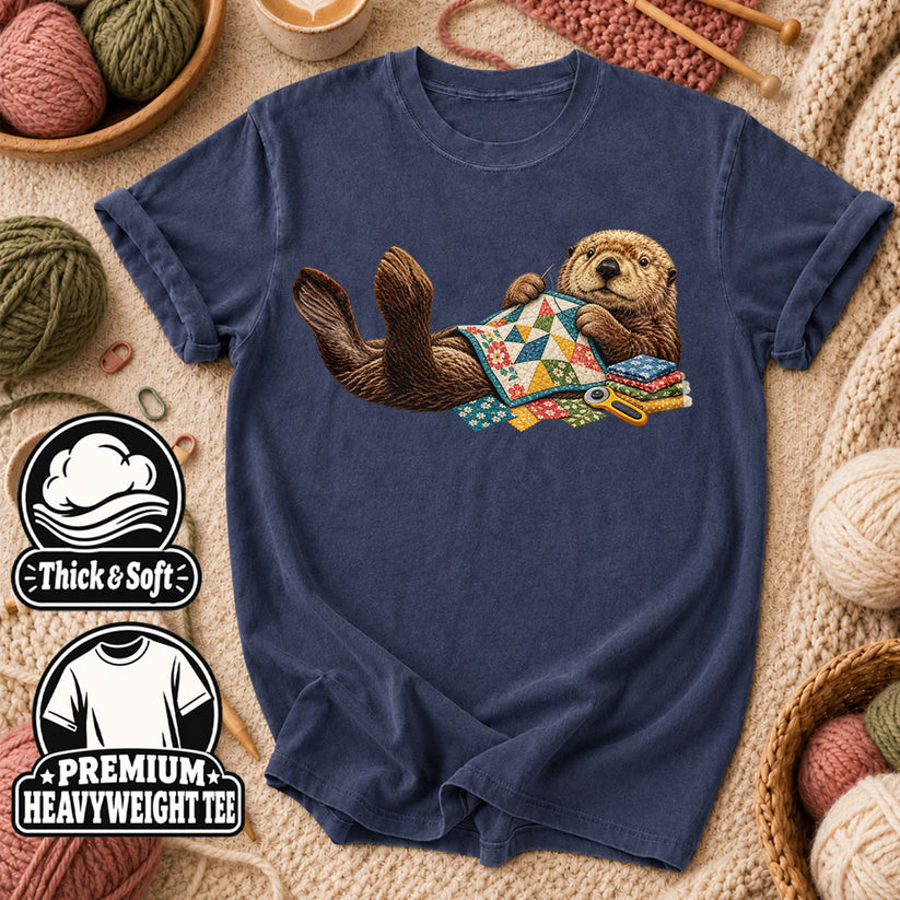 Sea Otter Quilting Patchwork T-Shirt - Heather Navy