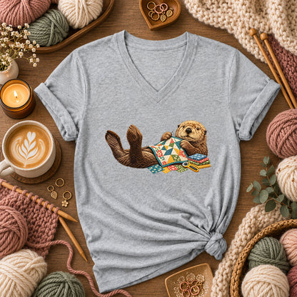Sea Otter Quilting Patchwork Women's V-Neck - Athletic Heather