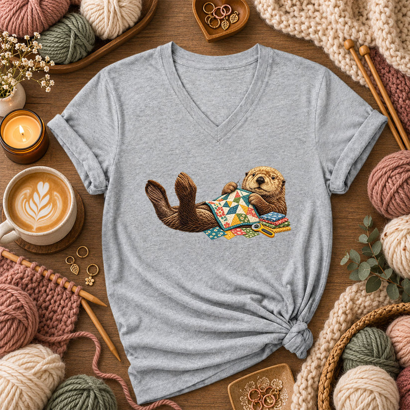 Sea Otter Quilting Patchwork Women's V-Neck - Athletic Heather