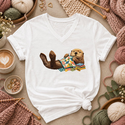 Sea Otter Quilting Patchwork Women's V-Neck - White