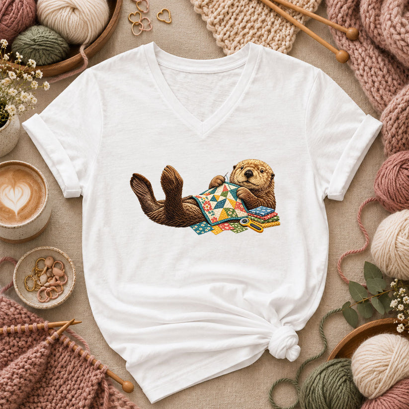 Sea Otter Quilting Patchwork Women's V-Neck - White
