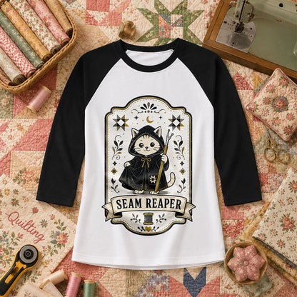 Seam Reaper Cat Halloween Quilter Raglan Sleeve - Black