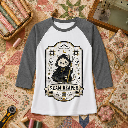 Seam Reaper Cat Halloween Quilter Raglan Sleeve - Deep Heather