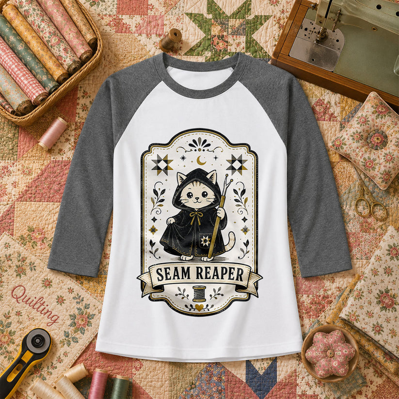 Seam Reaper Cat Halloween Quilter Raglan Sleeve - Deep Heather