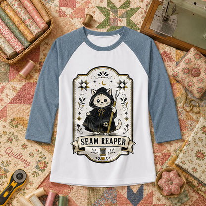 Seam Reaper Cat Halloween Quilter Raglan Sleeve - Denim