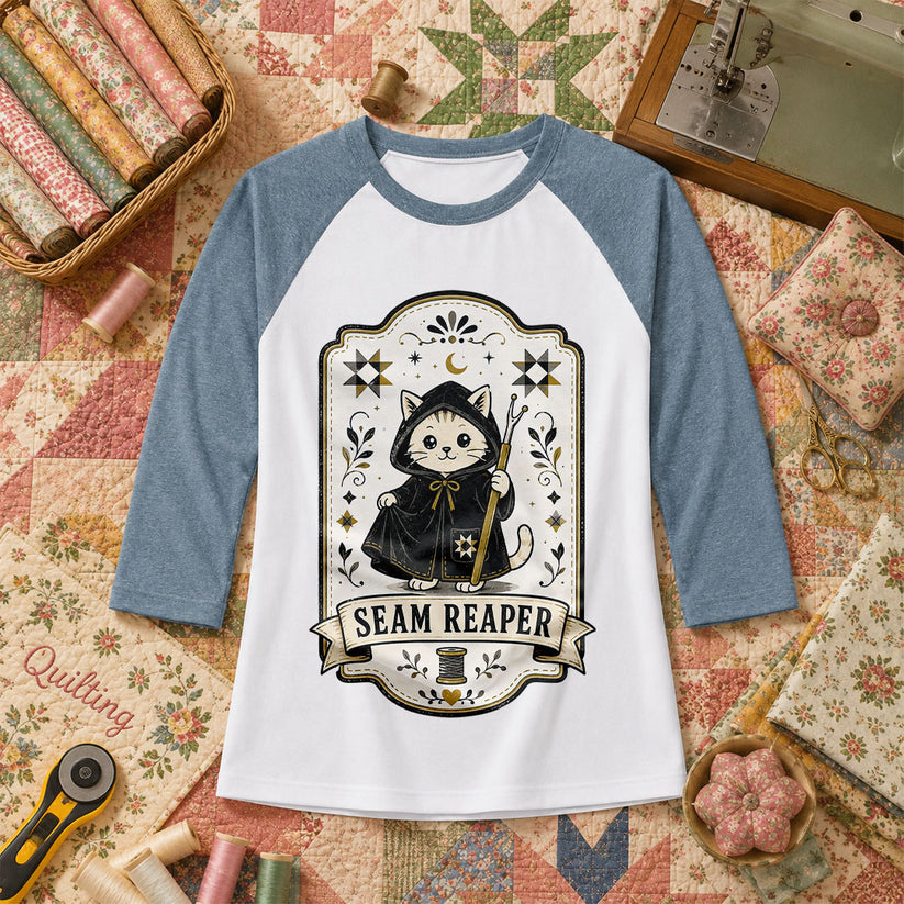 Seam Reaper Cat Halloween Quilter Raglan Sleeve - Denim