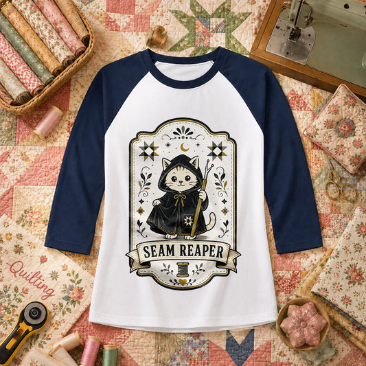Seam Reaper Cat Halloween Quilter Raglan Sleeve - Navy
