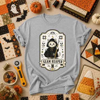 Seam Reaper Cat Halloween Quilter T-Shirt - Athletic Heather
