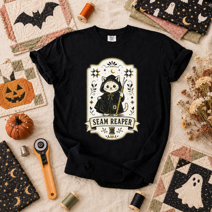 Seam Reaper Cat Halloween Quilter T-Shirt - Black