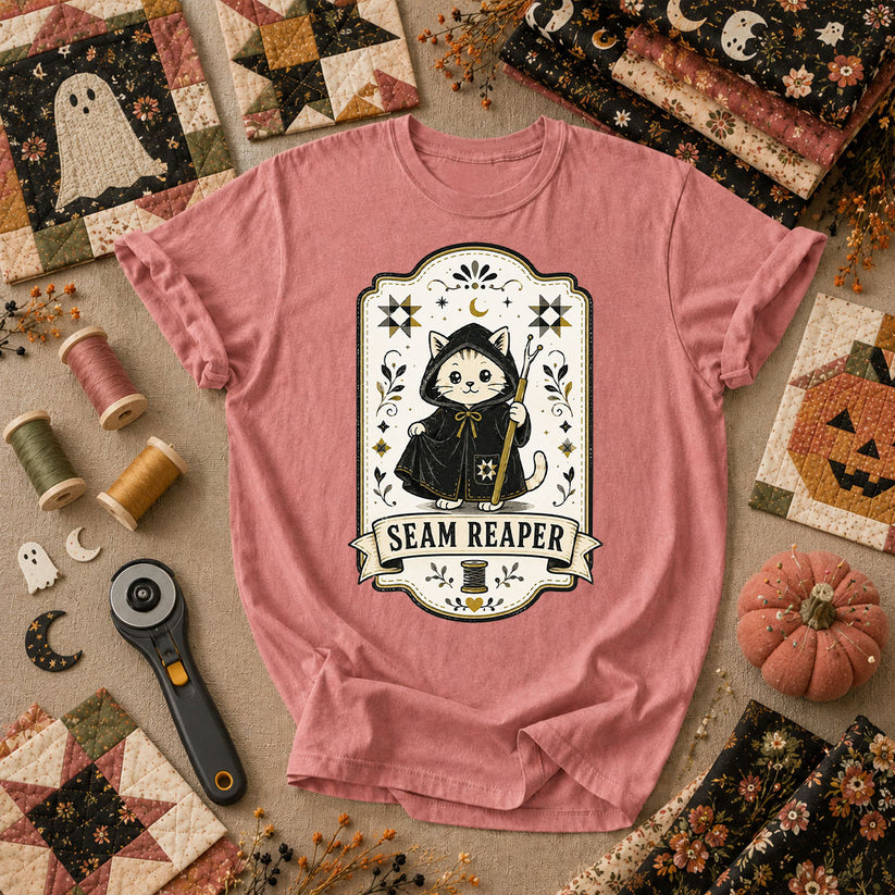 Seam Reaper Cat Halloween Quilter T-Shirt - Heather Mauve