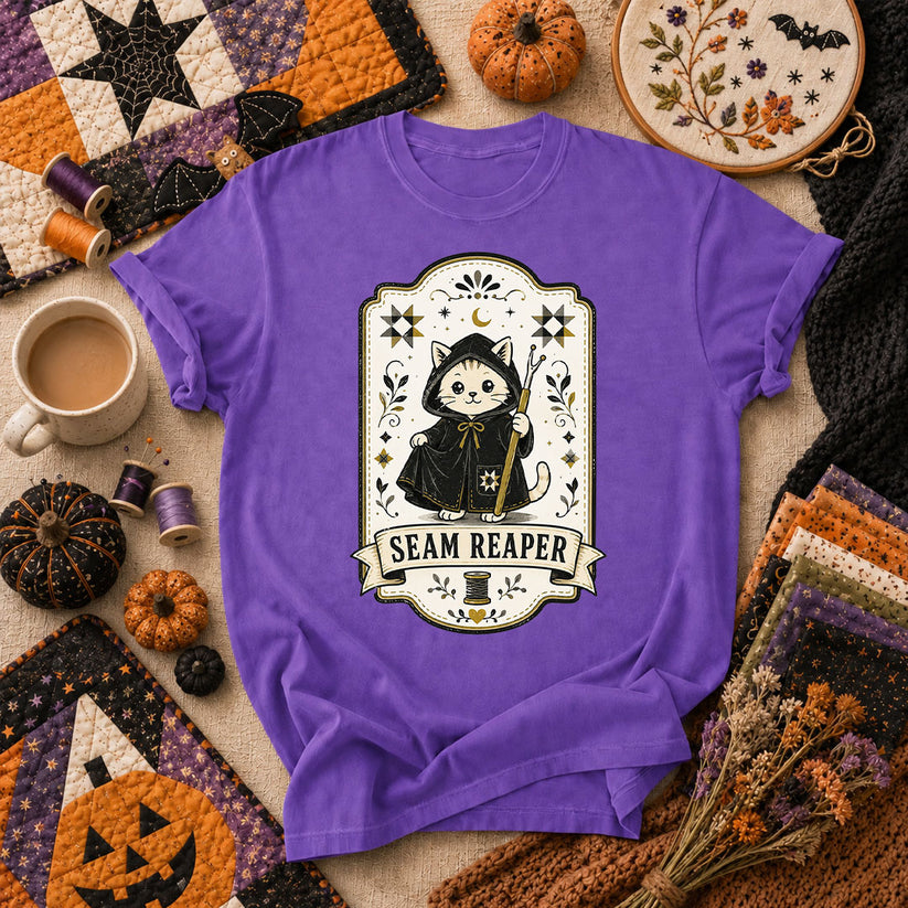 Seam Reaper Cat Halloween Quilter T-Shirt - Heather Team Purple