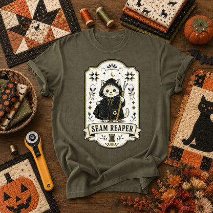 Seam Reaper Cat Halloween Quilter T-Shirt - Military Green