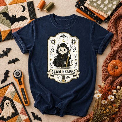 Seam Reaper Cat Halloween Quilter T-Shirt - Navy