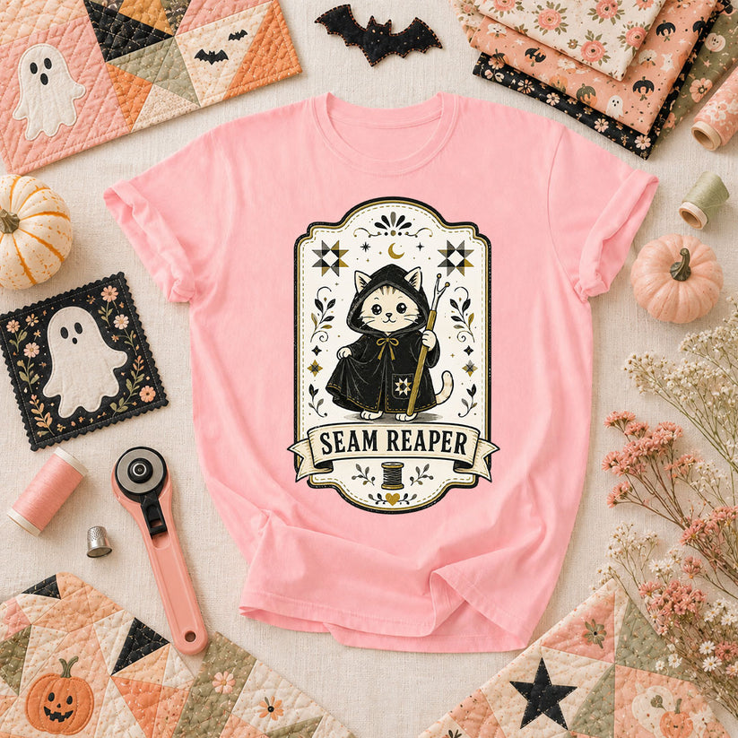 Seam Reaper Cat Halloween Quilter T-Shirt - Pink